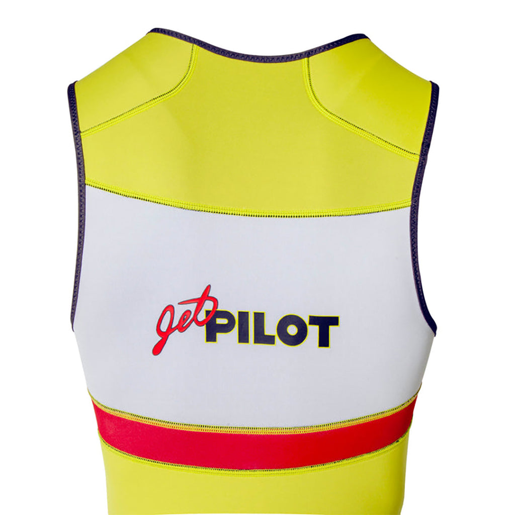 This is the full closeup view of the neon-yellow JetPilot Vintage Class John Wetsuit topmost part.
