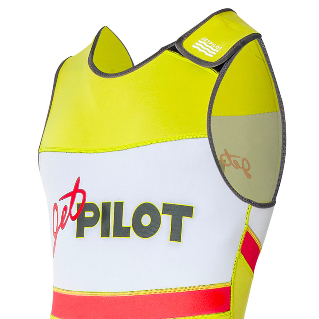 This is the full closeup view of the neon-yellow JetPilot Vintage Class John Wetsuit top part.