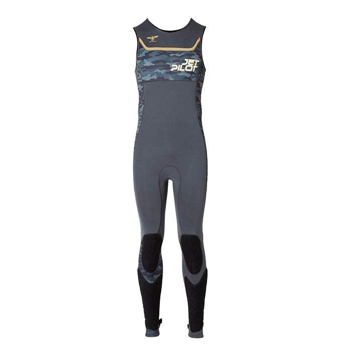 This is the Blue Camo Jetpilot F-86 Sabre John Wetsuit worn by a person while standing beside a jetski on the water.