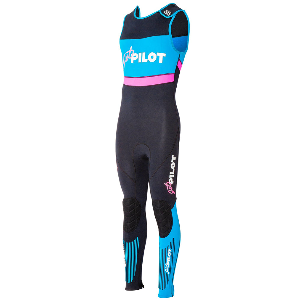 This is the full front view of the black-pink JetPilot Vintage Class John Wetsuit facing the right side.