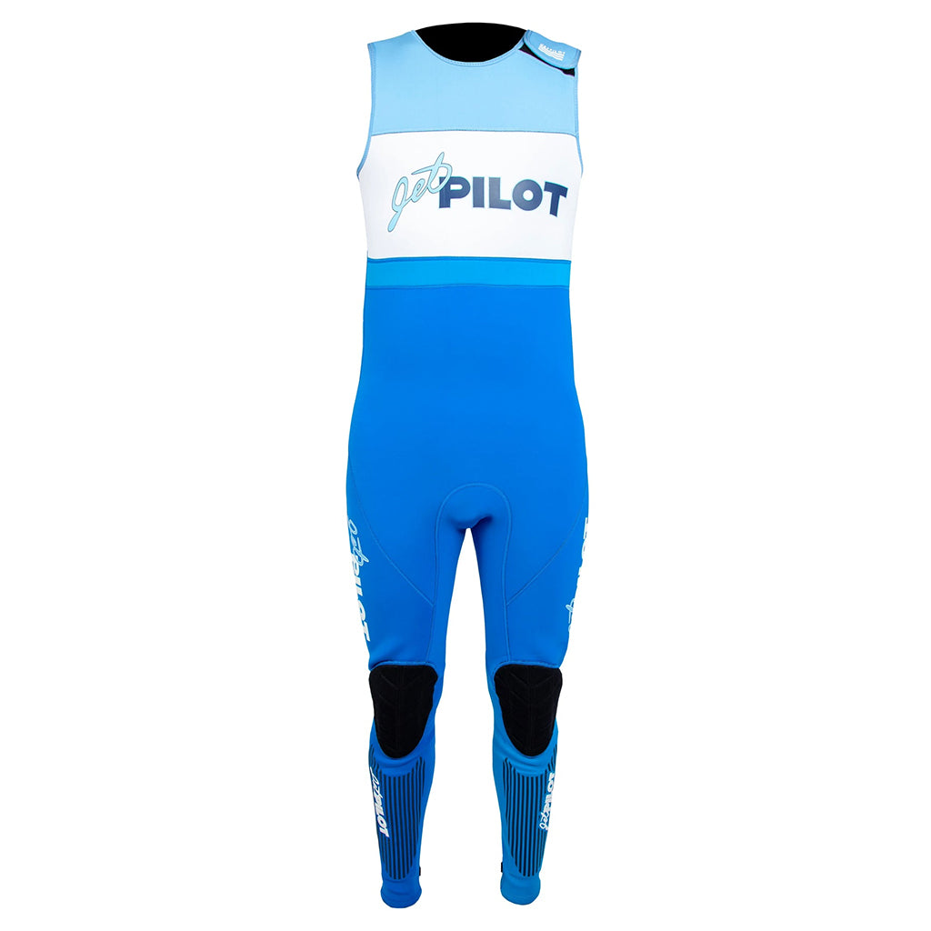 This is the full front view of the blue-white JetPilot Vintage Class John Wetsuit.