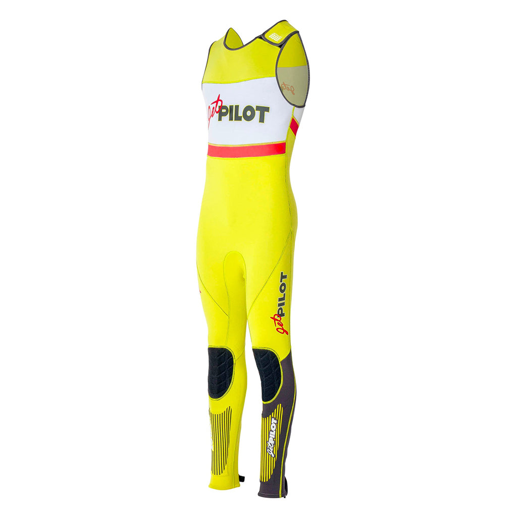 This is the full front view of the naon-yellow JetPilot Vintage Class John Wetsuit facing the right side.