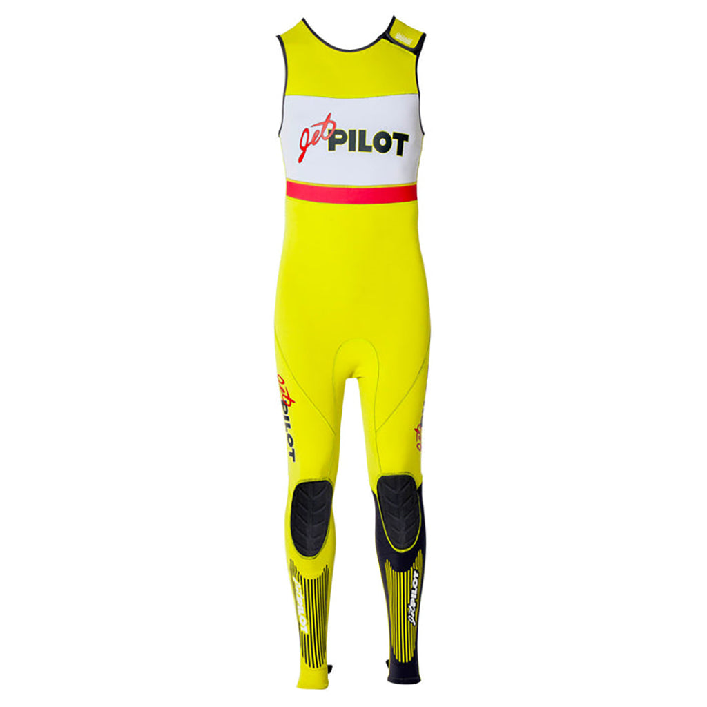 This is the full front view of the neon-yellow JetPilot Vintage Class John Wetsuit.