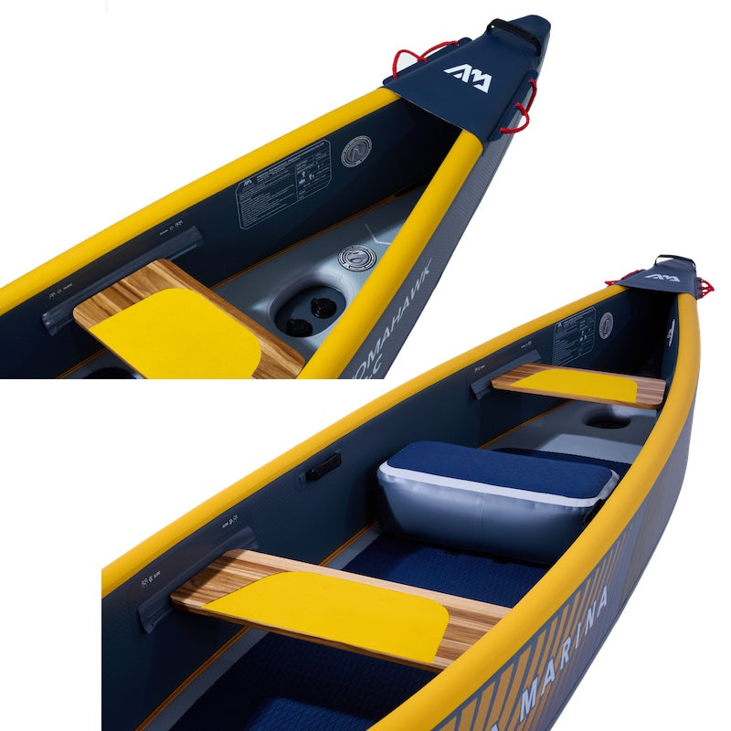 Two views of a yellow and blue canoe with interior details on a white background