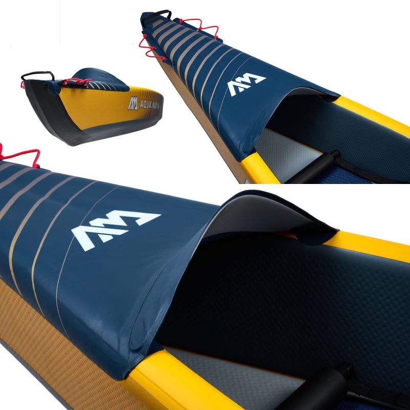 Collage of angles of the nose of a blue and yellow inflatable kayak with a brand logo on a white background
