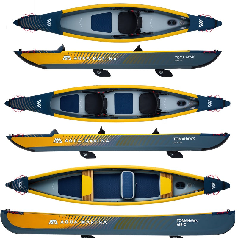 Aqua Marina Tomahawk inflatable kayak shown from multiple angles on a white background