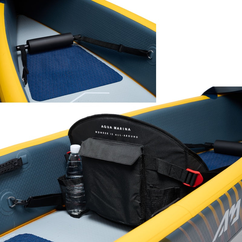 Inflatable kayak with a black seat and water bottle, Aqua Marina branding visible.