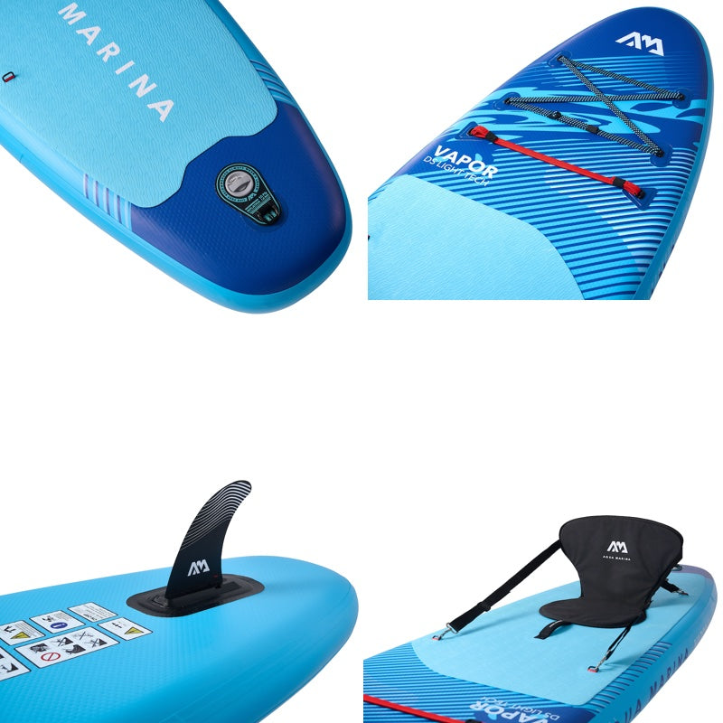 Collage of a blue inflatable paddle board with various components on a white background