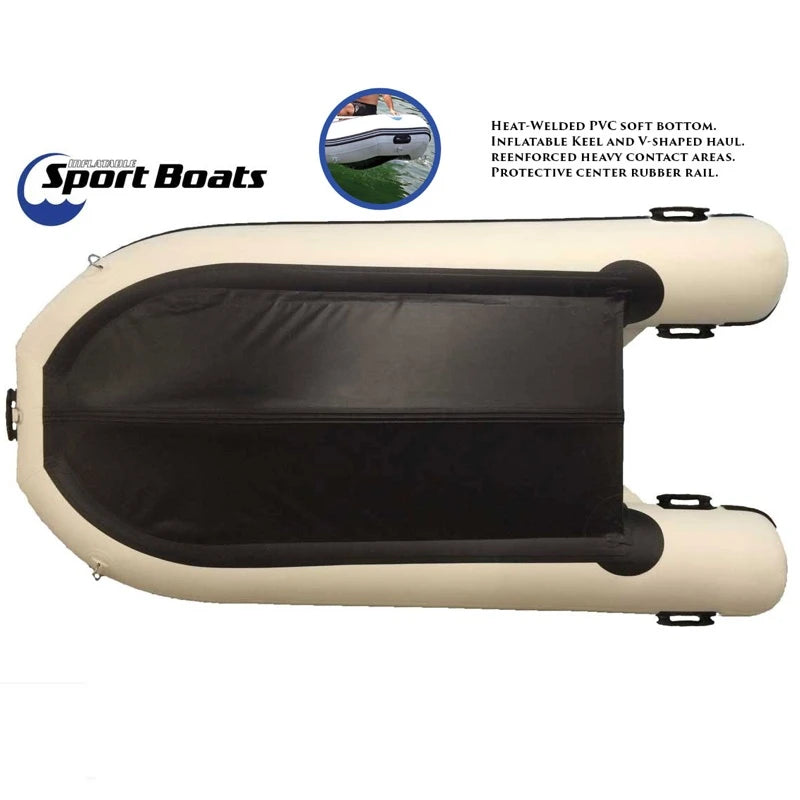 Inflatable boat with beige exterior and black reinforced underside, featuring Sport Boats logo.