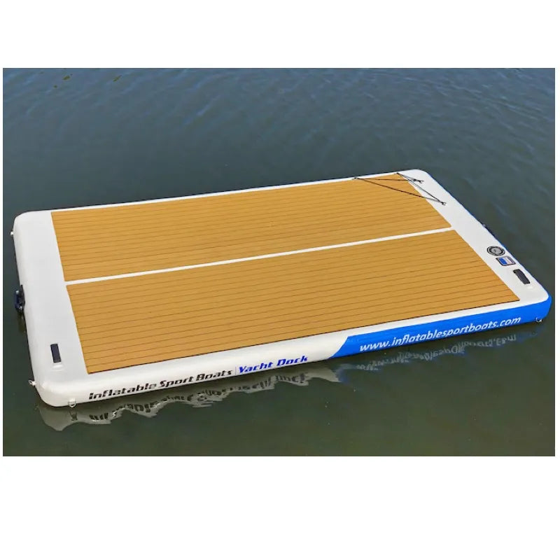Inflatable dock on the water, featuring a white and blue color scheme.