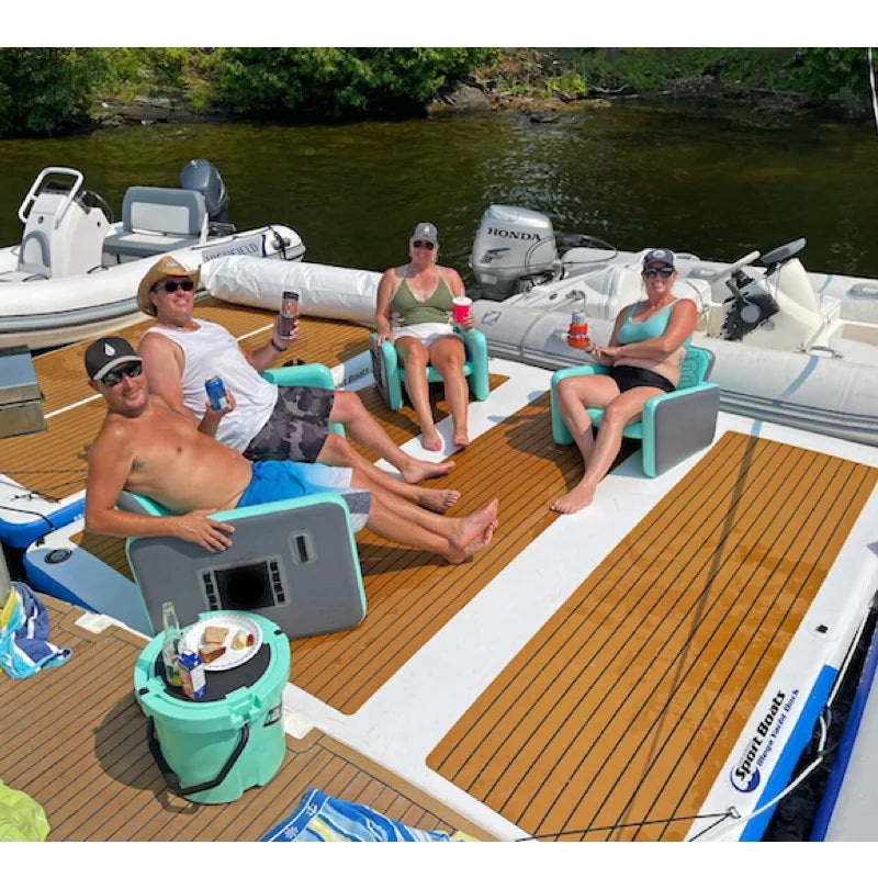 People relaxing on an inflatable dock with drinks and snacks.
