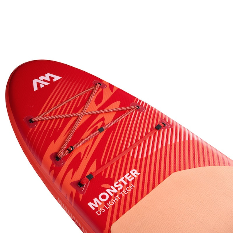 Red inflatable water board with 'Monster' branding on a white background