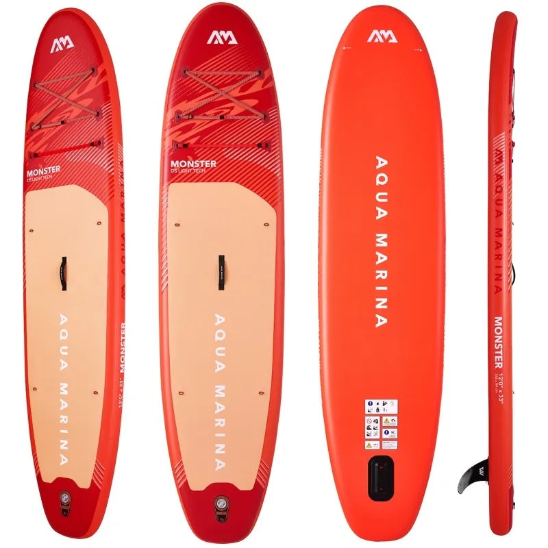 Red Aqua Marina Monster paddleboard shown from multiple angles on a white background