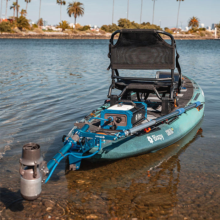 Bixpy K-1 Angler Pro Outboard Kit on a kayak out in the water..