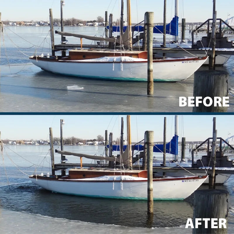 Before and after image of a boat surrounded by frozen water (before) and then an open area of water around the boat after the ice eater has been placed in the water (after).