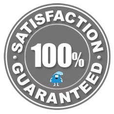 100% Satisfaction Guaranteed logo with Splashy McFun mascot inside.