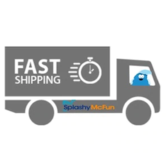 Fast Shipping is written on the side of a delivery truck with clock, Splashy McFun logo, and Splashy McFun guy driving the truck.