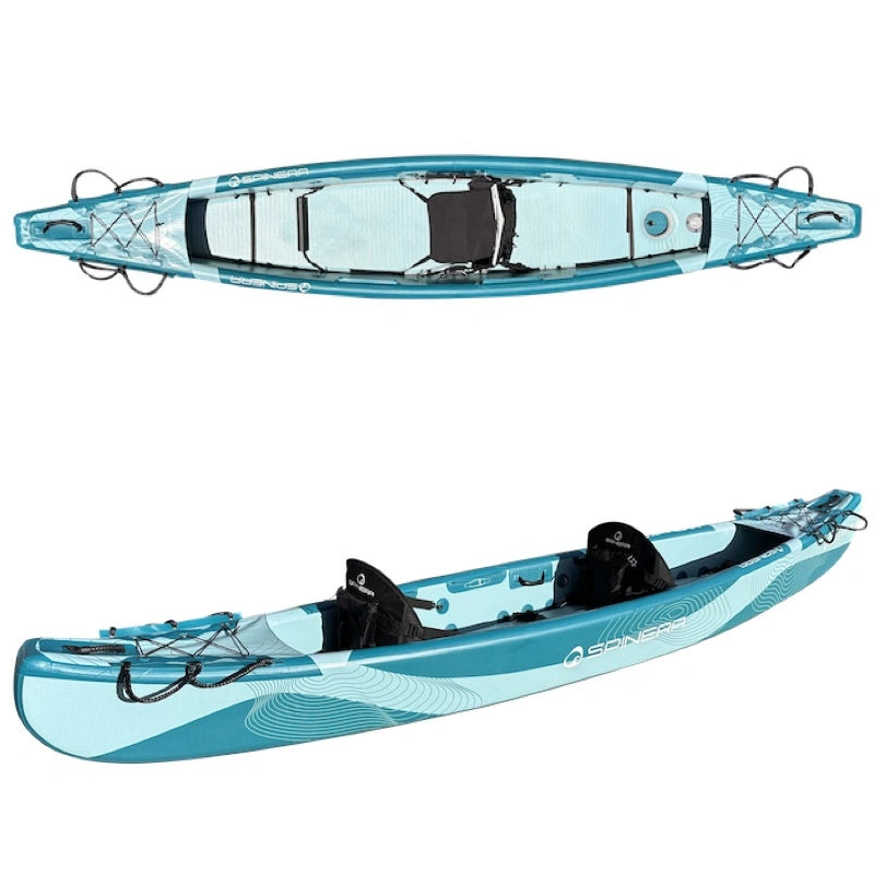 Two Spinera Molveno 430 Inflatable kayaks on a white background