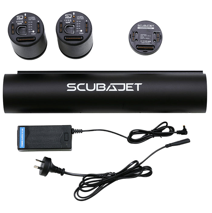 ScubaJet Pro XR Kit includes the charging pod, Pro XR Tube, 2 100-wh smart batteries and a smart battery charger.