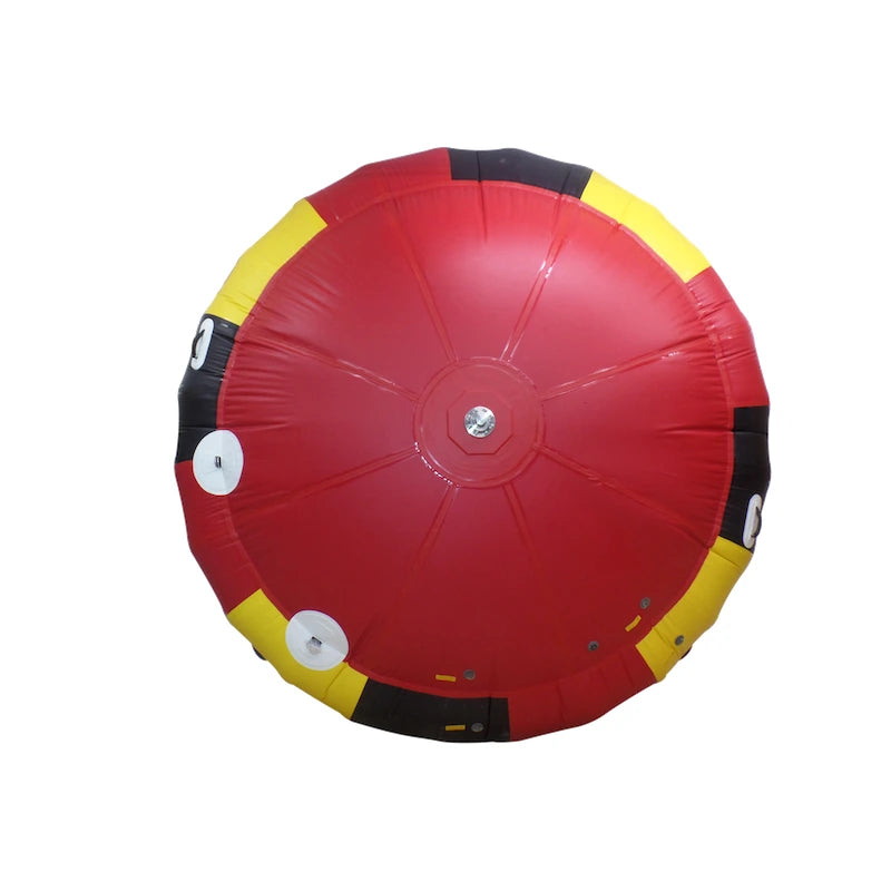 Red inflatable tube with yellow and black accents on a white background