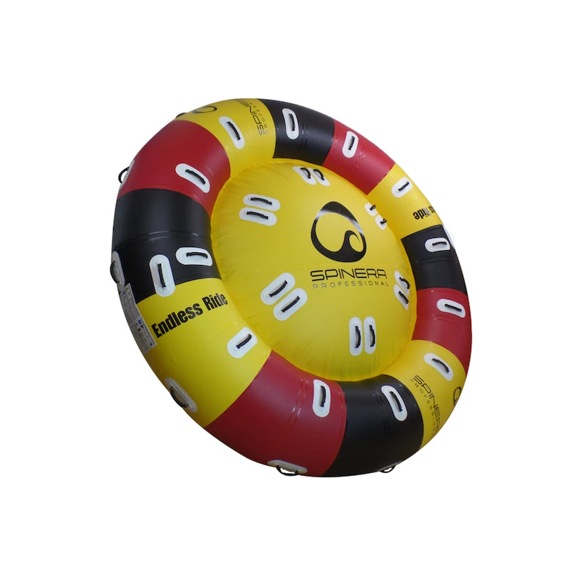 Inflatable tube with red, yellow, and black design on a white background