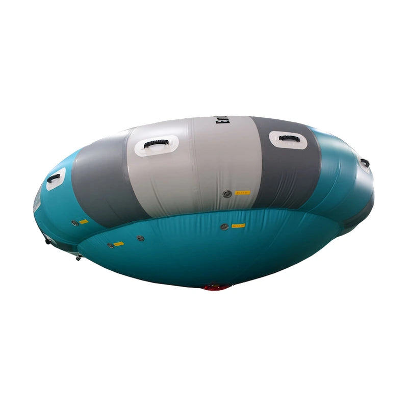 Inflatable boat tube with teal and gray design on a white background