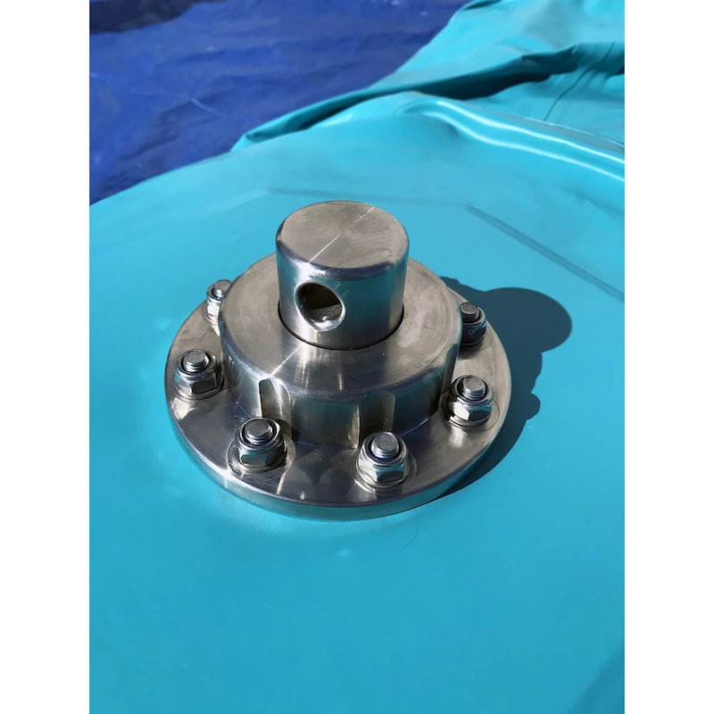Metal flange for spinning feature on tube, with bolts on a blue background