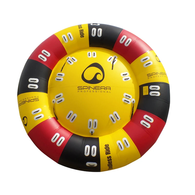 Yellow, black, and red towable tube with Spinera branding on a white background. 