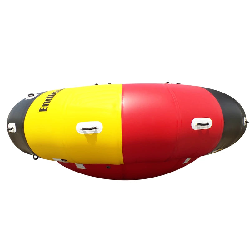 Side view of a boat tube with yellow, red, and black colors on a white background