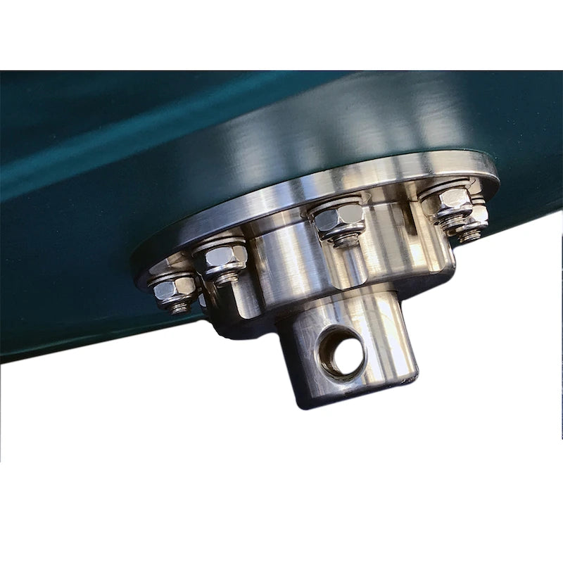 Close-up of a metallic component with bolts on a white background