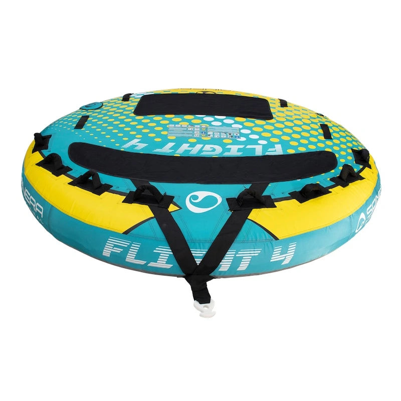 Turquoise and yellow inflatable boat tube with black straps on a white background