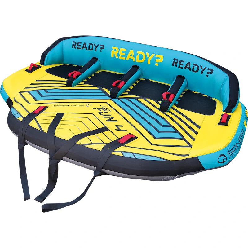 Inflatable water tube with 'READY?' text on a white background