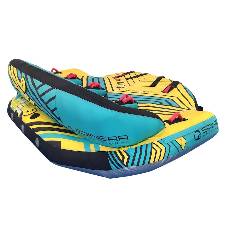 Inflatable water tube with blue and yellow design on a white background