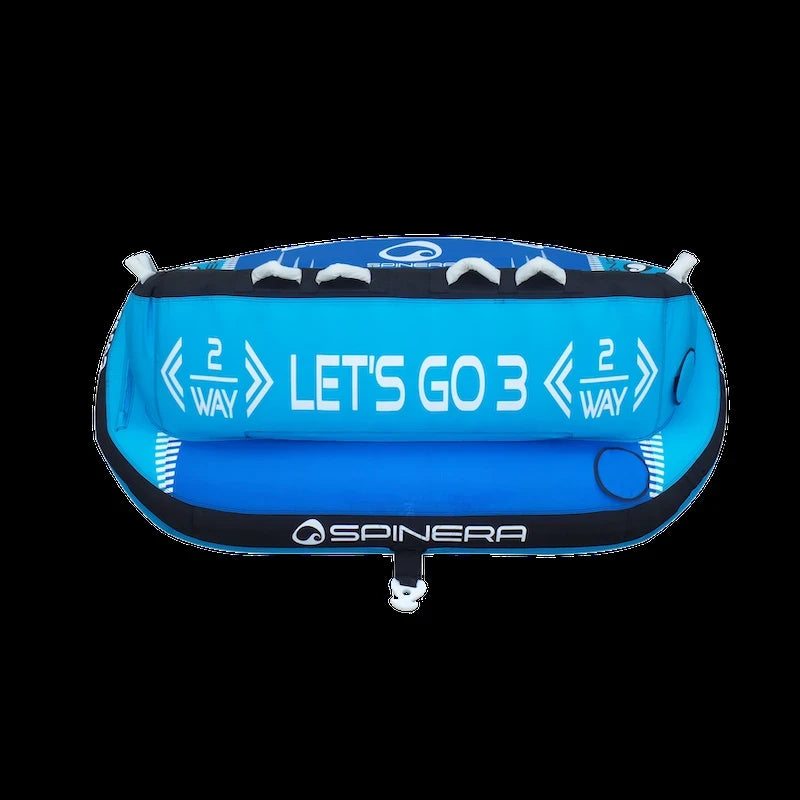Back sid eof the Let's Go 3 towable tube. Light blue, royal blue, black trim, white lettering.
