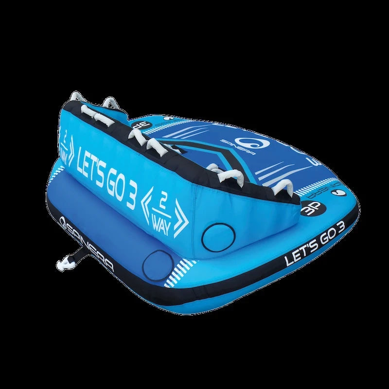 Split side view of boat tube - 3 person - light blue.
