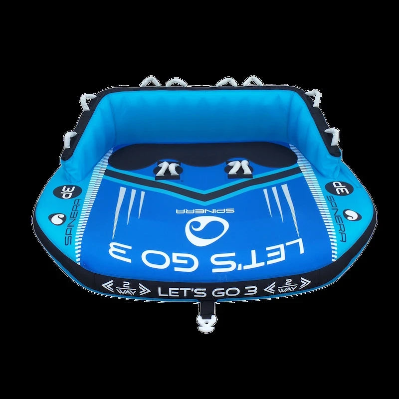 Blue inflatable tube with 'Let's Go 3' branding on a black background
