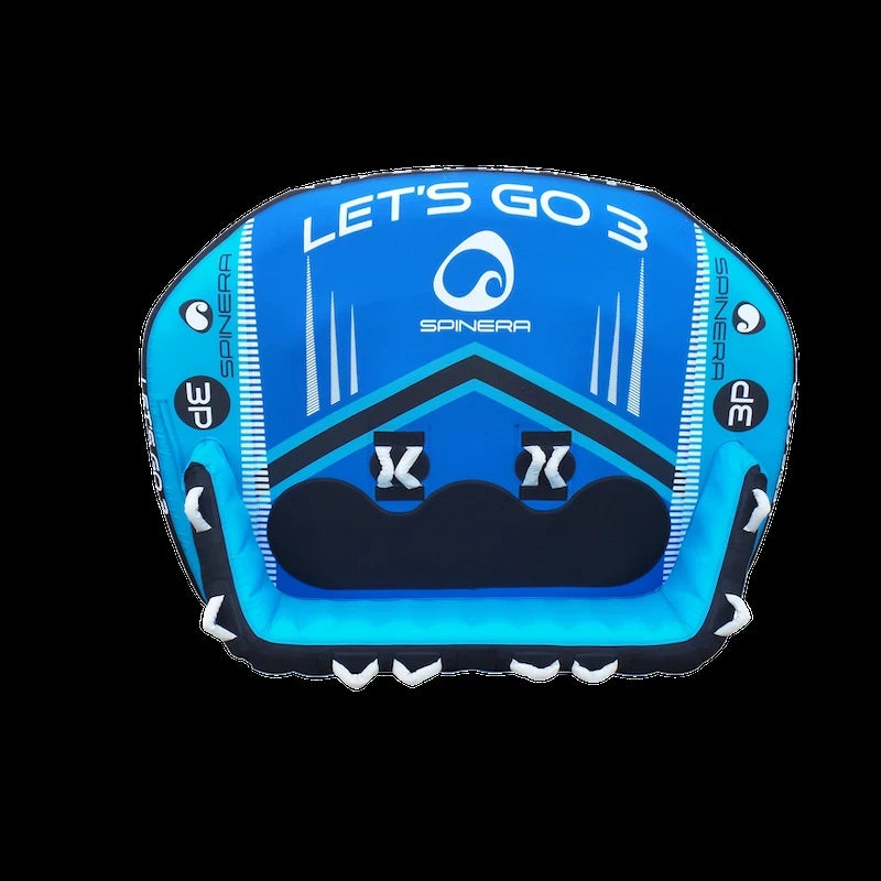 Top view of the Let's Go 3 boat tube. Light blue outter with royal blue dominant center. Black and white highlights.
