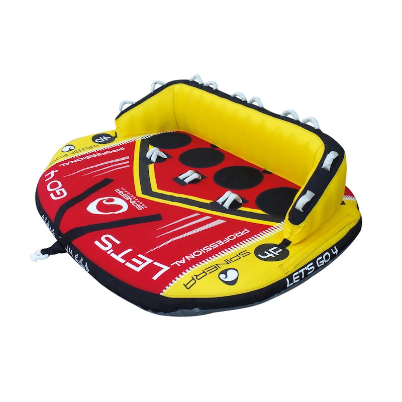 Red and yellow inflatable boat tube with 'Let's Go' text on a white background