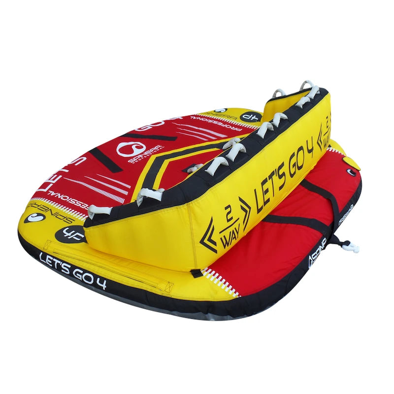 Red and yellow inflatable boat tube with 'Let's Go 4' text on a white background