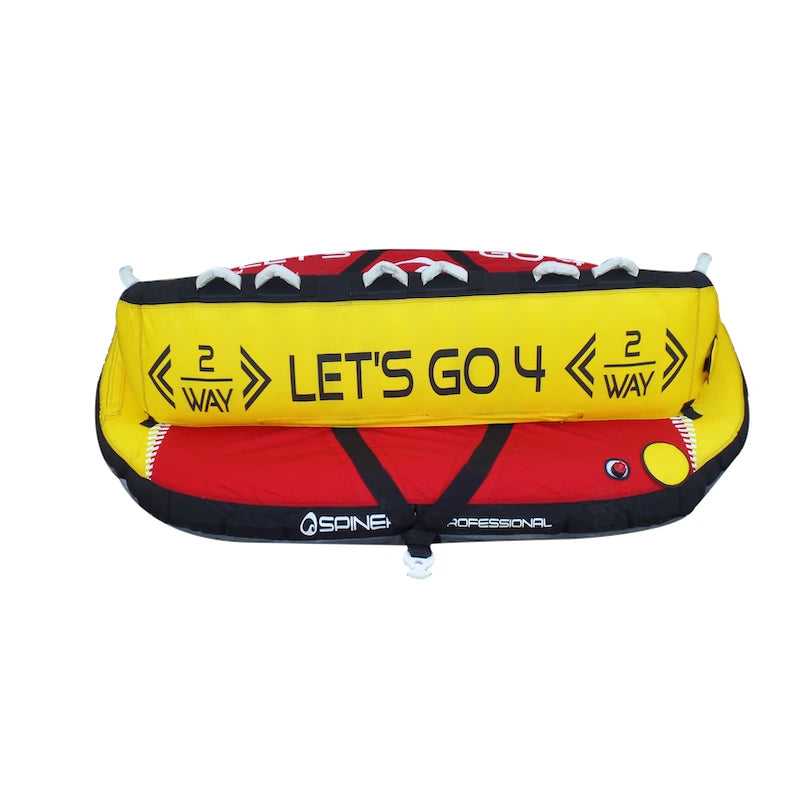 Red and yellow towable tube with 'Let's Go 4' text on a white background