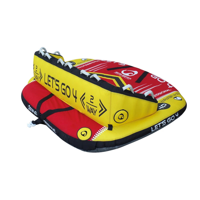 Red and yellow towable tube with 'Let's Go 4' text on a white background