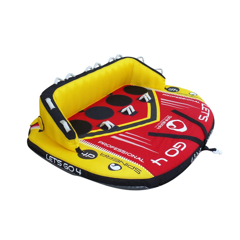 Red and yellow inflatable tube with branding on a white background