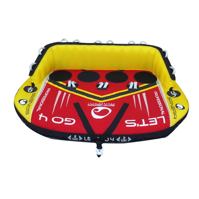 Inflatable boating tube with red and yellow design on a white background
