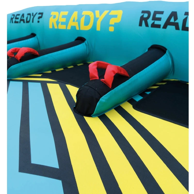 Inflatable boat tube with 'READY?' text on a colorful background
