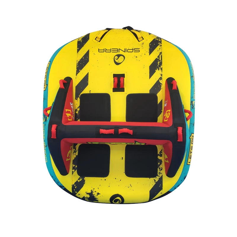 Overview of yellow family boat tube with padded handles.
