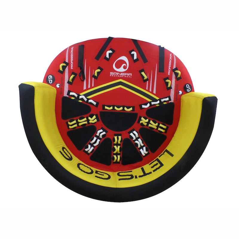Red, yellow, and black boat tube with Spinera Let's Go 6 brand logo on a white background