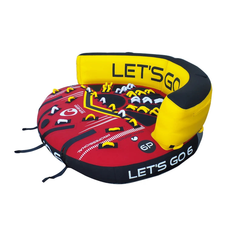 Red and yellow inflatable tube with 'LET'S GO 6' text on a white background