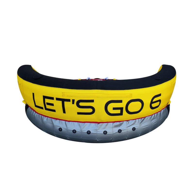 Inflatable tube with 'LET'S GO 6' text on a white background