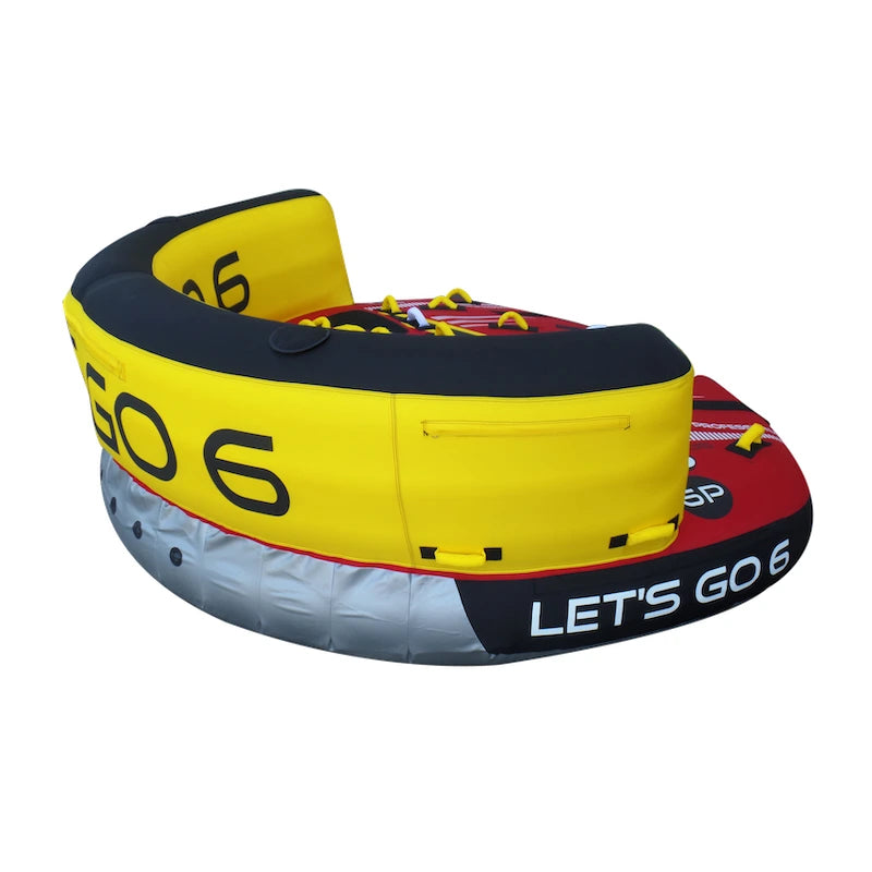 Inflatable water tube with yellow top section and red bottom section on a white background