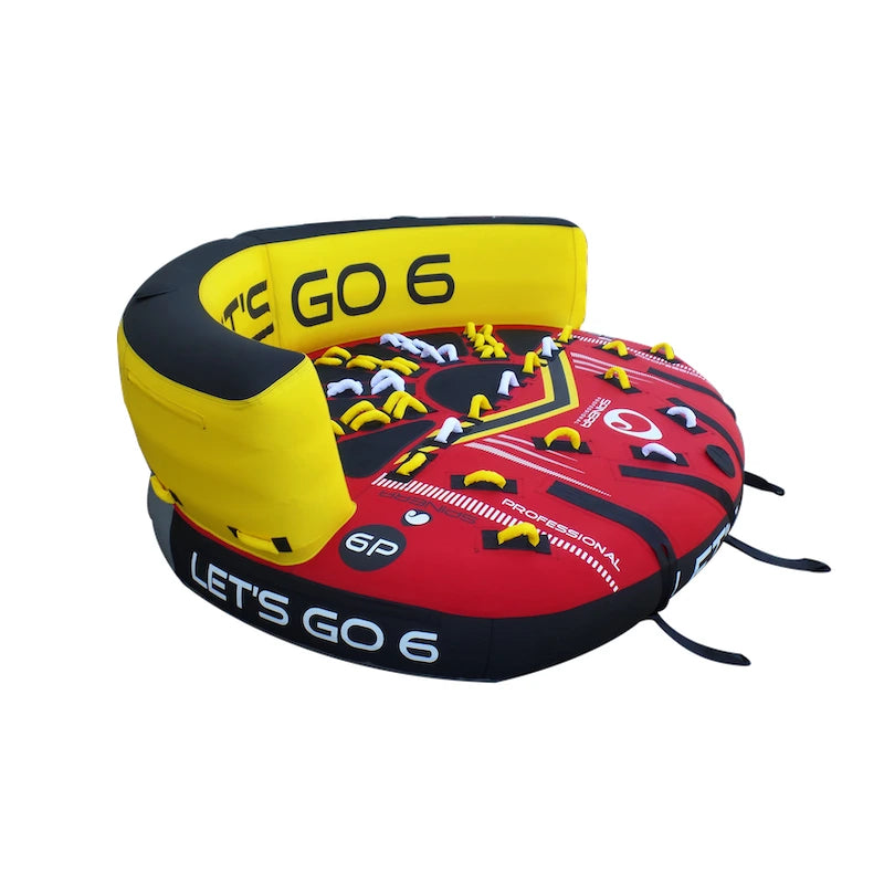 Red and yellow inflatable ring with 'Let's Go 6' branding on a white background